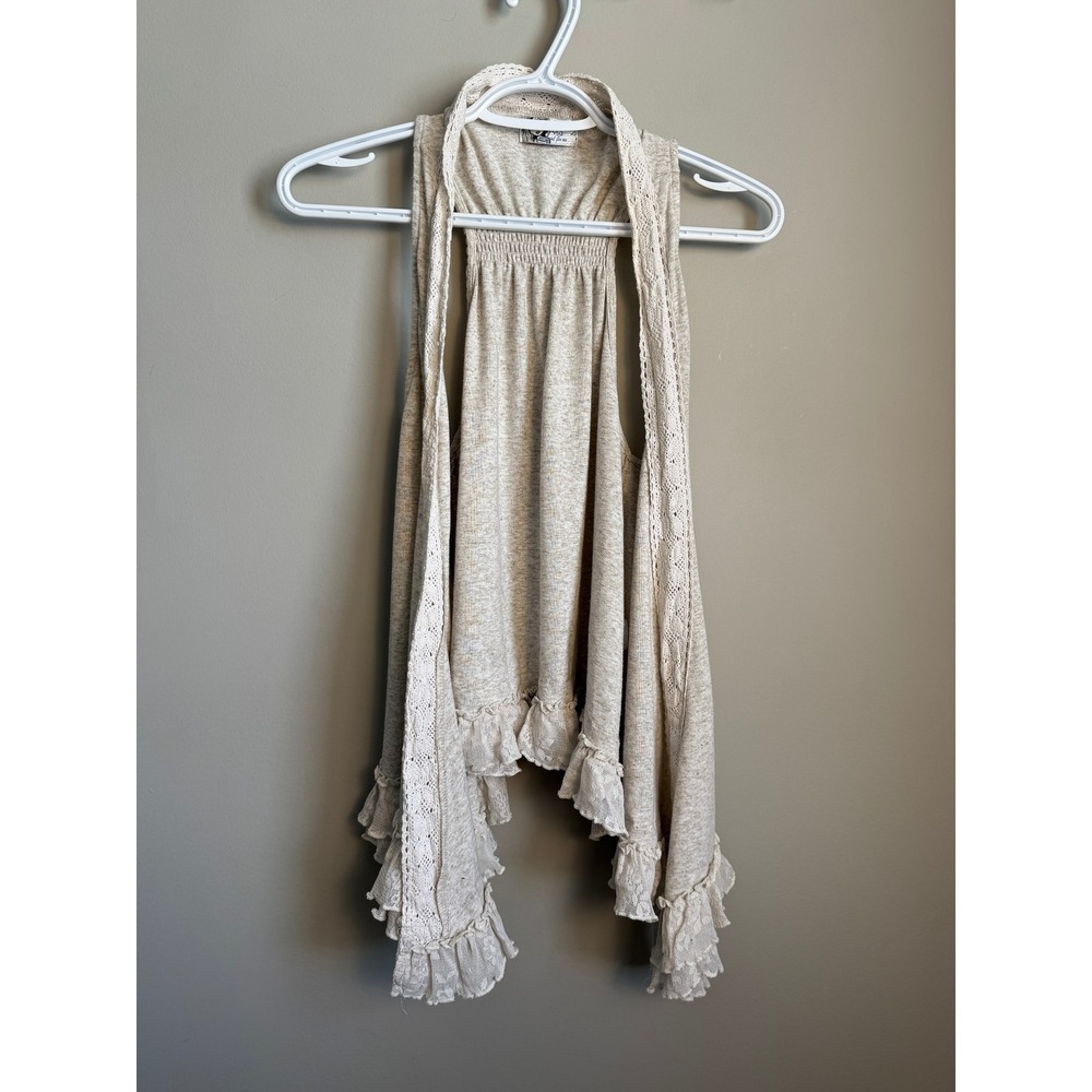 LOB Womens Beige Crochet Lace Trim Ruffle Hem Open Vest Sleeveless Boho Beachβ